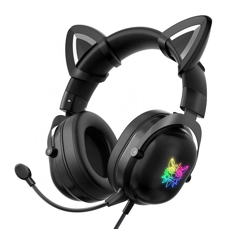 Omnikuma X11 Black Wired RGB Gaming CAT Headset 50mm Directional Drivers For Girls PC Stereo Gaming Headphones