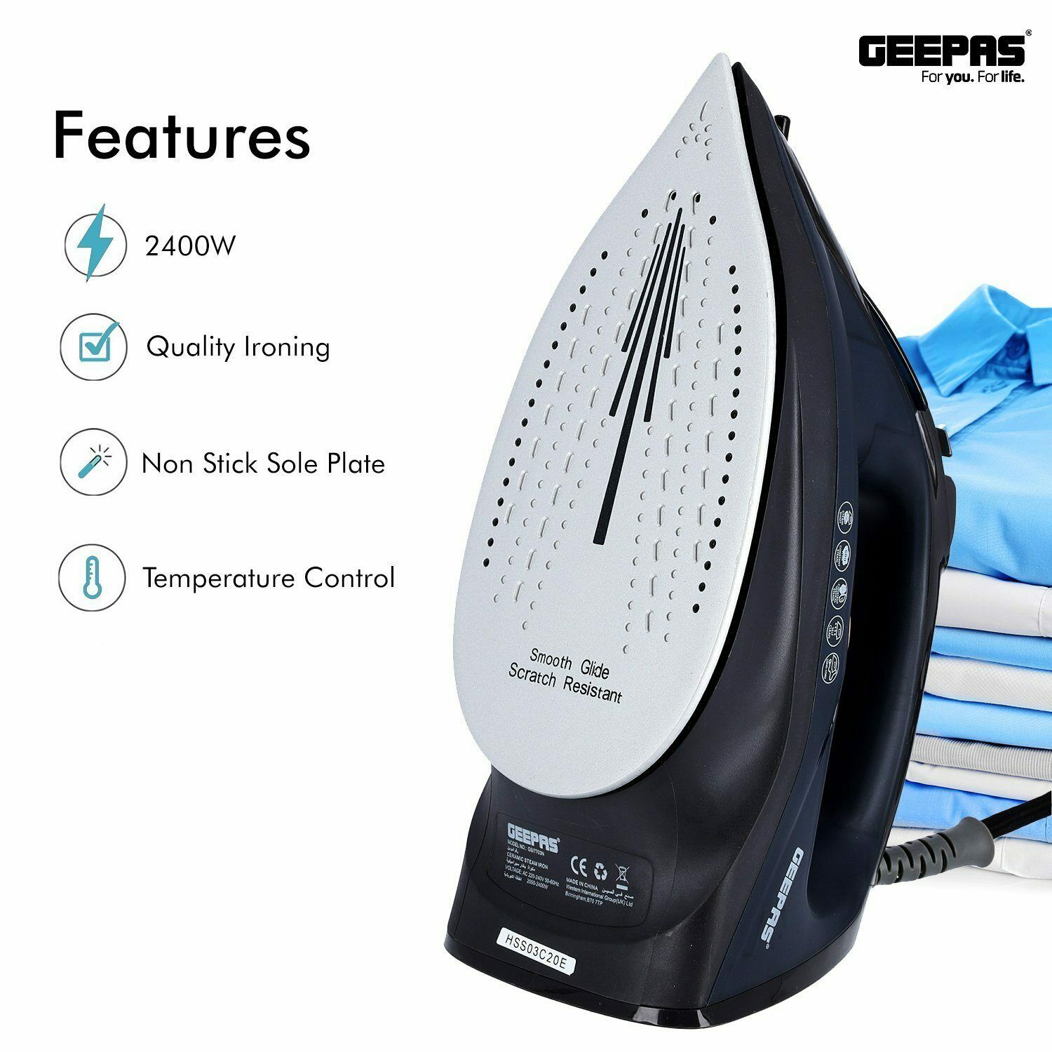 Geepas 2400W Iron Soleplate Power Steam | reliable performance | lightweight | variable steam settings | safety features | stylish | even heat distribution | Halabh.com
