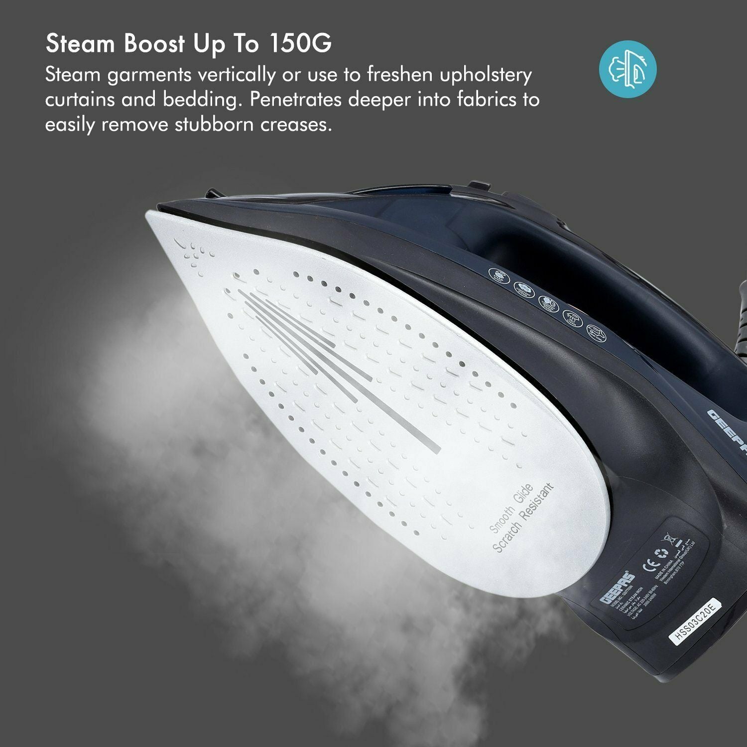 Geepas 2400W Iron Soleplate Power Steam | reliable performance | lightweight | variable steam settings | safety features | stylish | even heat distribution | Halabh.com