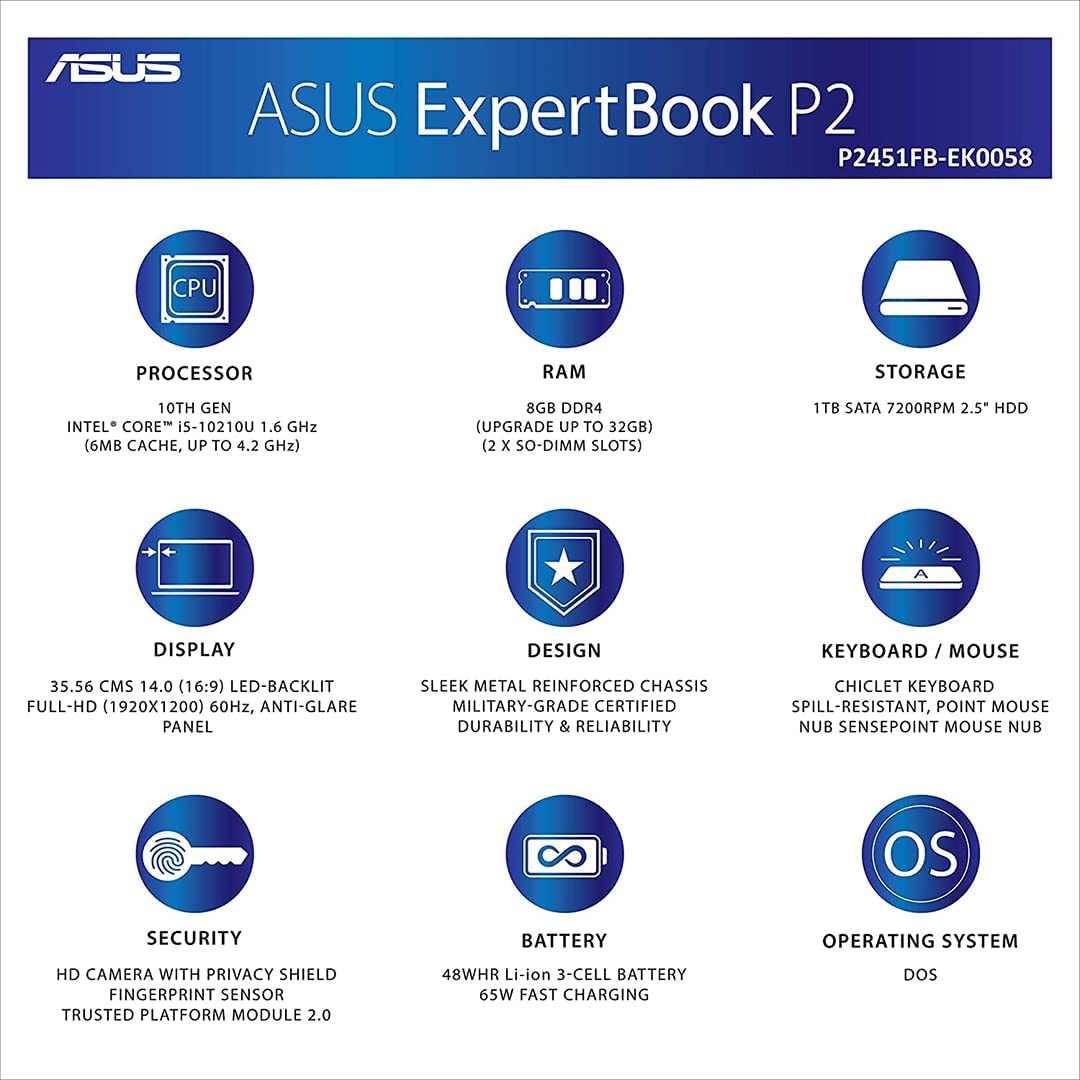 Asus Expertbook 14" 10th Gen Intel Core i5-10210U 8GB RAM 1TB HDD Star Black P2451FA-EK2151 | Halabh.com