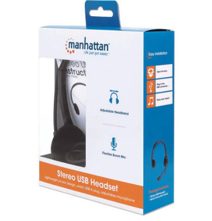 Manhattan Stereo USB Headset Lightweight On-ear Design, Wired, USB-A Plug, Adjustable Microphone, Black