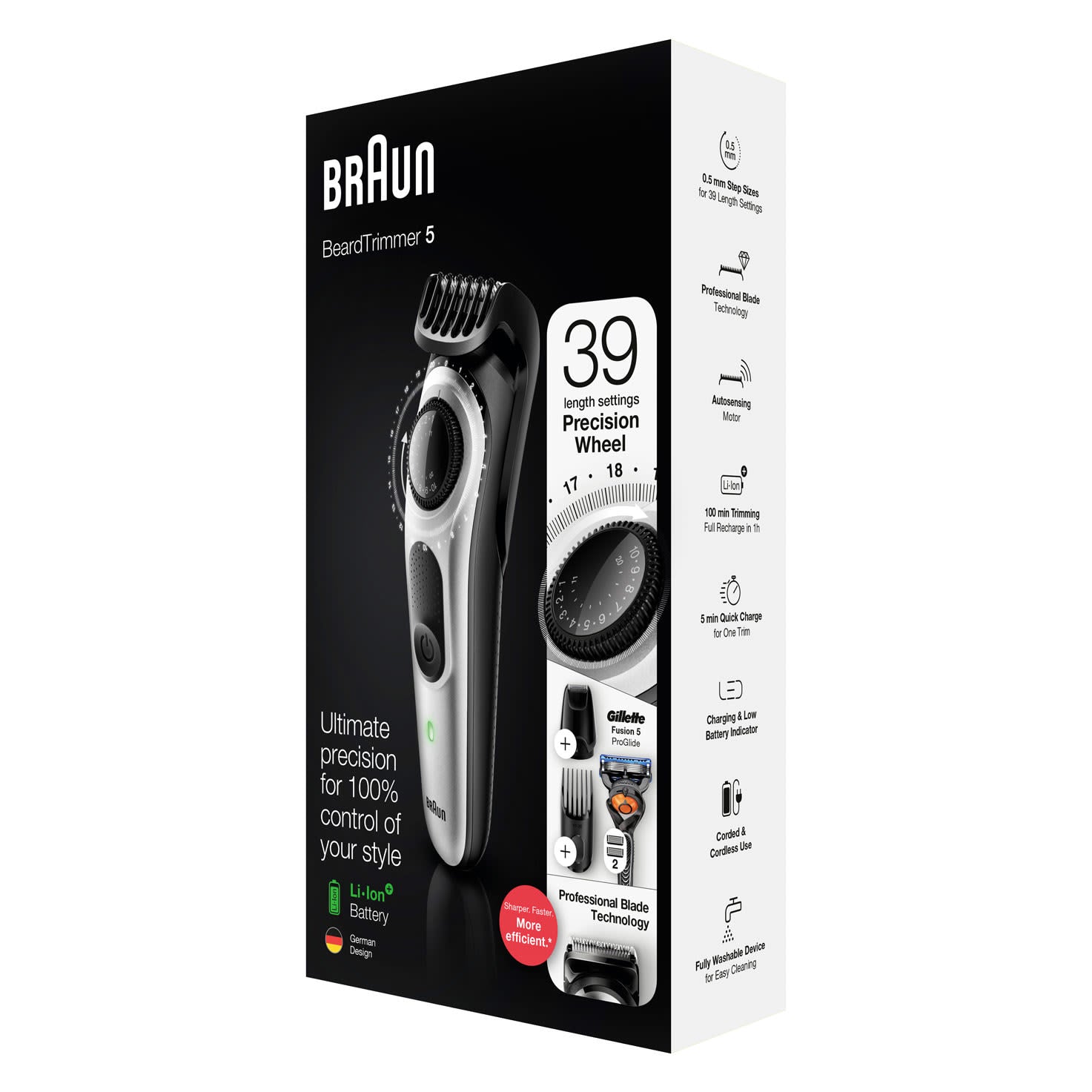 Braun BT 5265,Beard Trimmer for Men Cordless & Rechargeable Hair Clipper, Mini Foil Shaver with Gillette ProGlide Razor, Black/Silver Metal