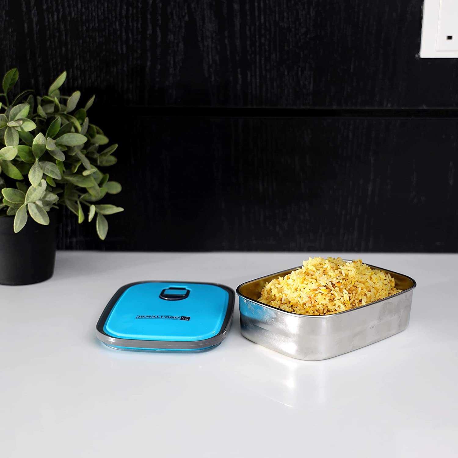 Royalford Stainless Steel Rectangle Food Container Blue Silver 350ml