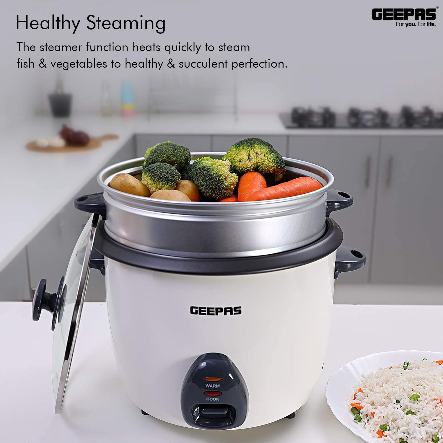 Geepas1.5L Rice Cooker Steamer With Non Stick Cooking Pot 500W