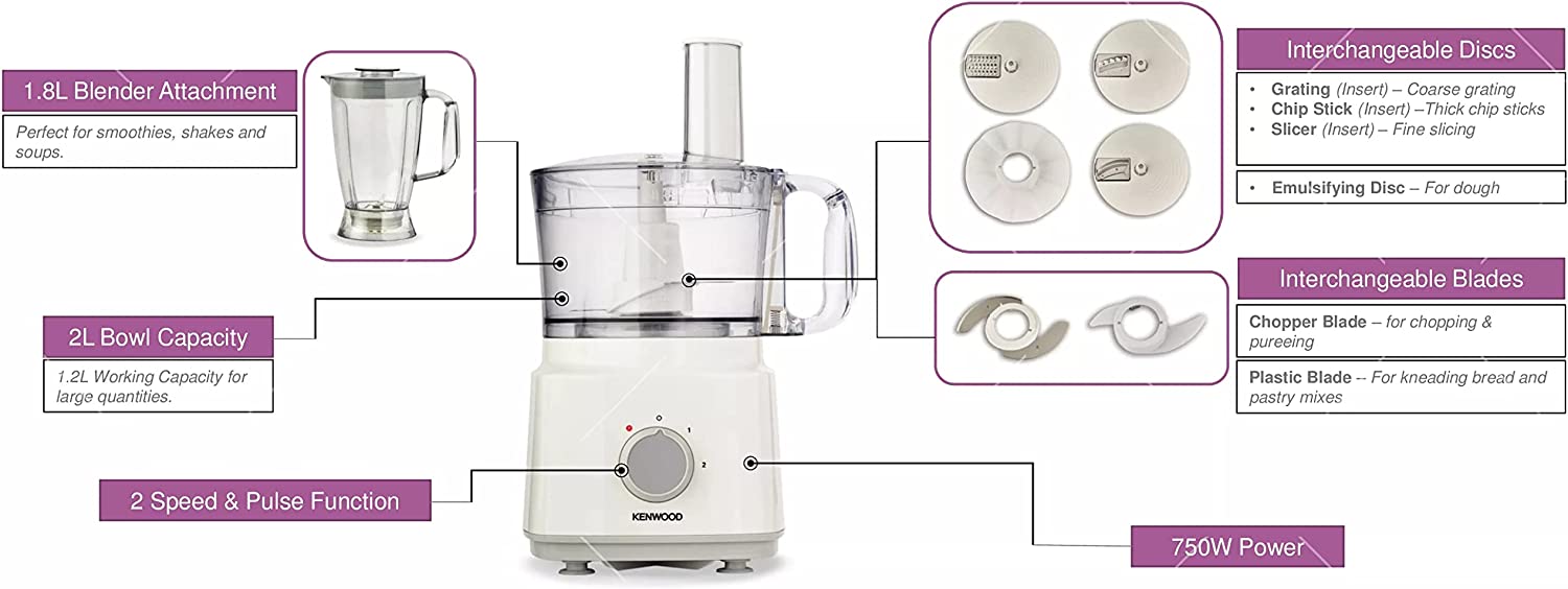 Kenwood Food Processor 750W Multi Functional With 3 Interchangeable Disks Blender Whisk Dough Maker Fdp03 White