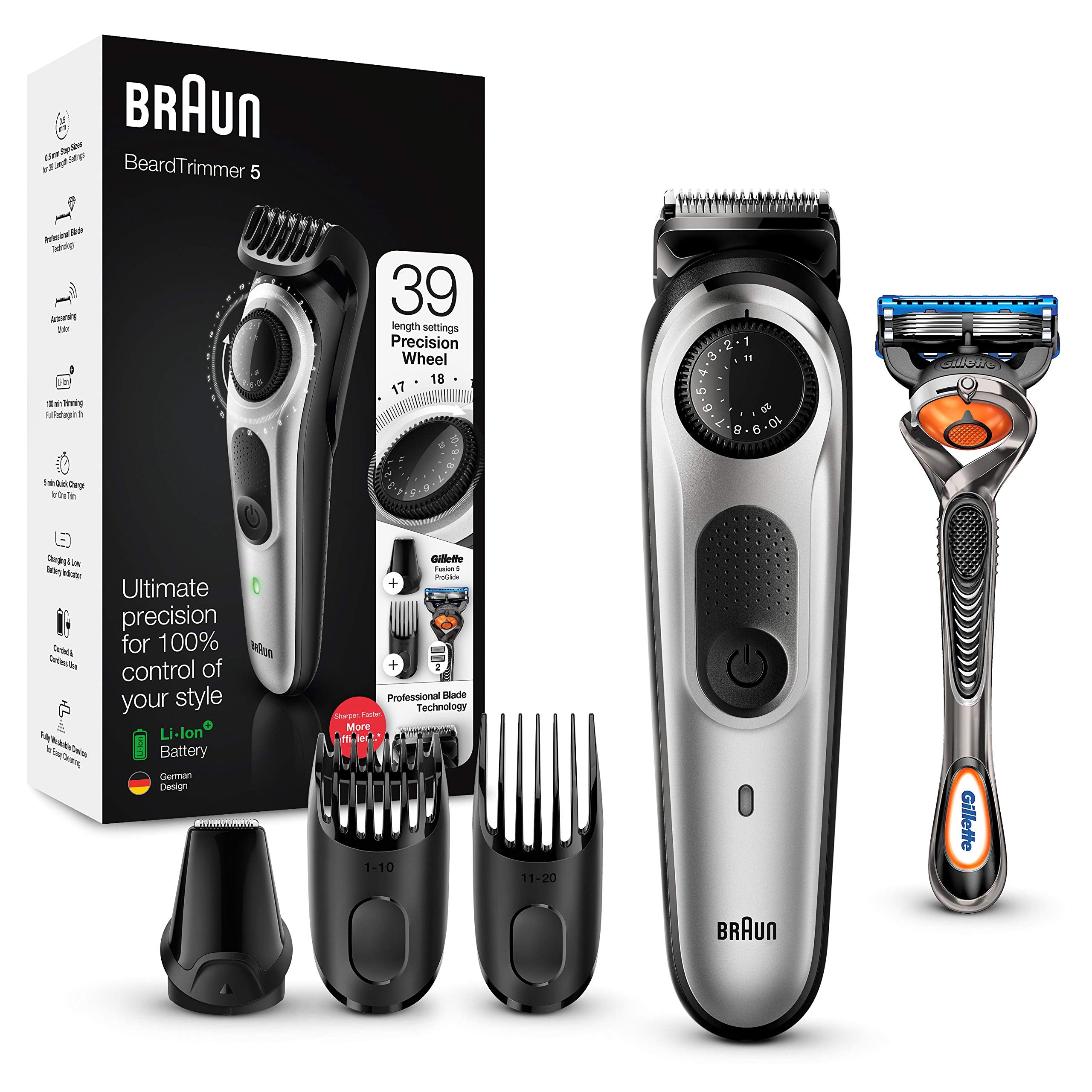 Braun Beard Trimmer BT5260 and Hair Clipper for Men, Lifetime Sharp Blades, 39 Length Settings, Black/Silver Metal, UK Two Pin Plug