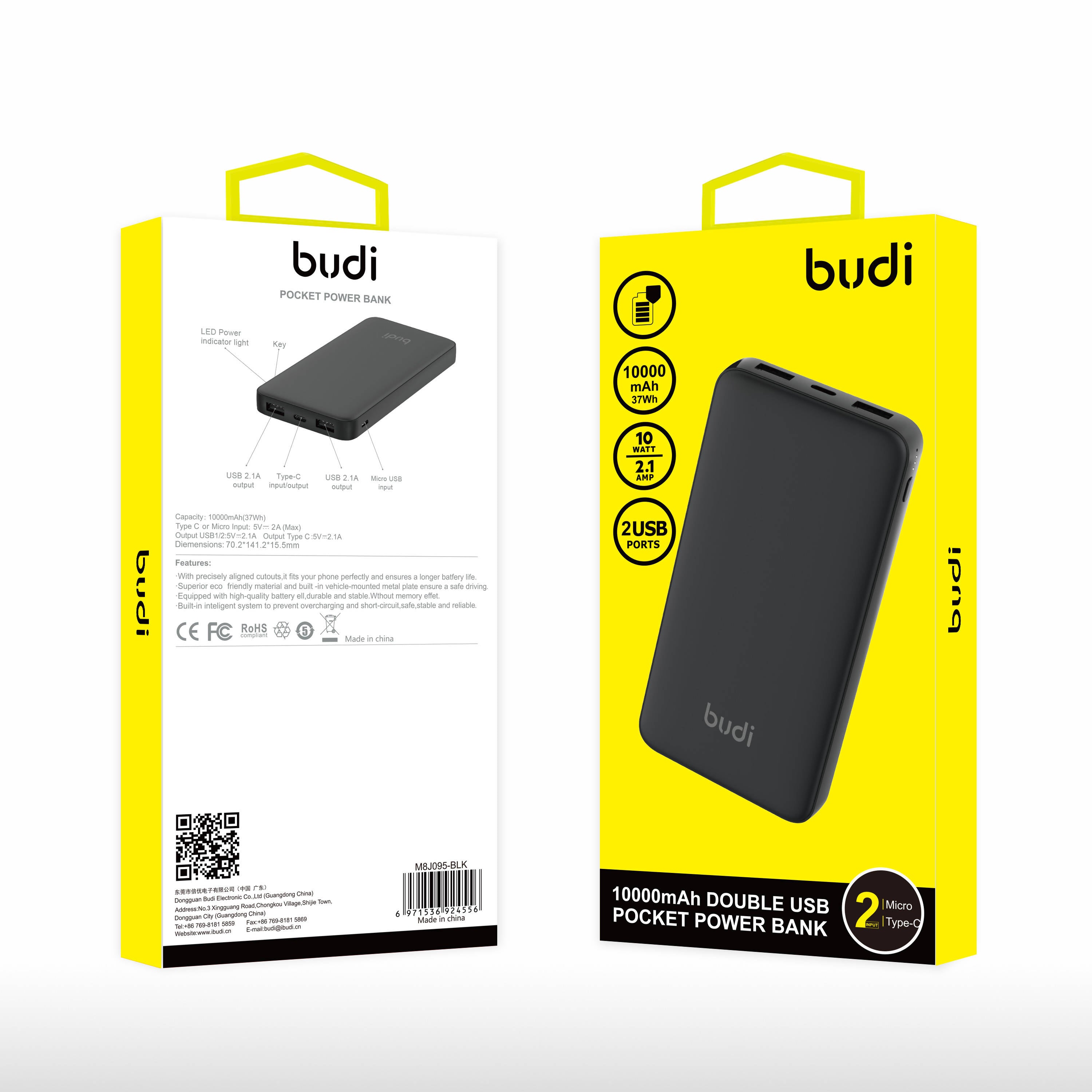 Budi Double USB 10Watt Pocket Power Bank 10000 mAh Black