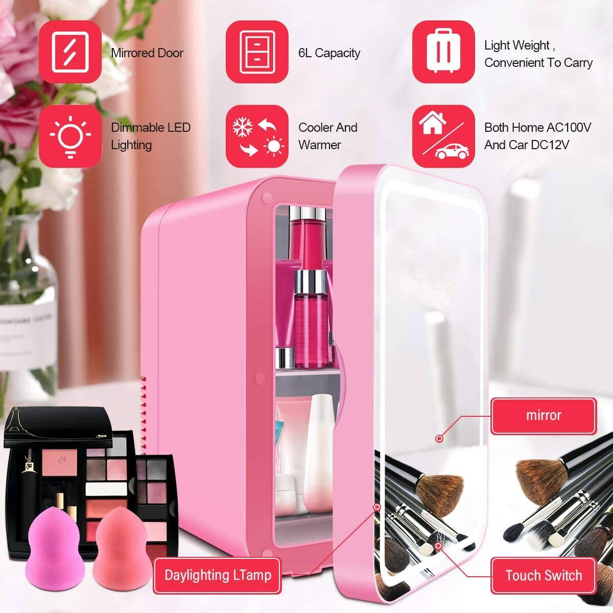 Obecilc Mini Fridge With Led Light Mirror 8L Pink | in Bahrain | Halabh.com