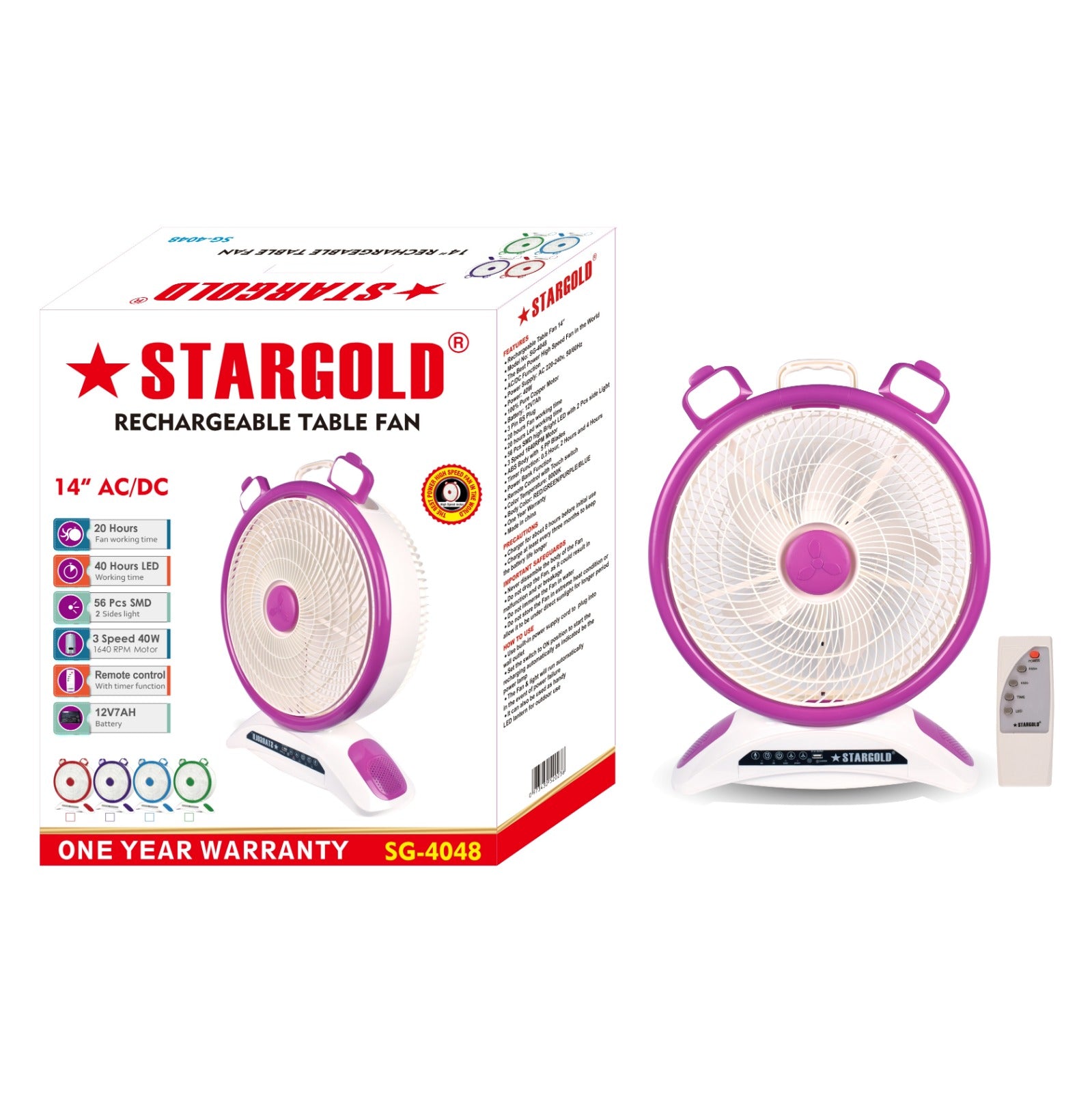 Stargold 14 Rechargeable Table Fan With Remote Control And Smd Led Light 3 Speed 40w | Home Appliance & Electronics | Halabh.com