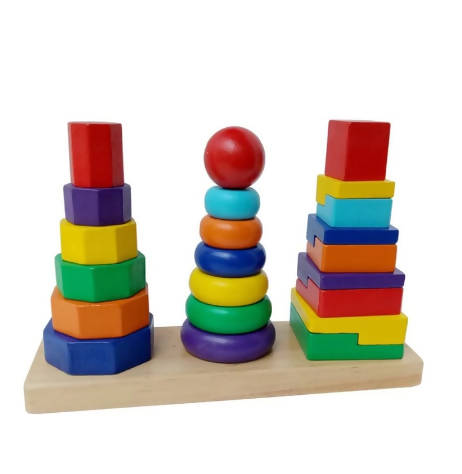 Ootdty Children Educational Toys Three Pillar Rainbow Building Set Wooden Three Column Tower Girls Boys Puzzle Toy