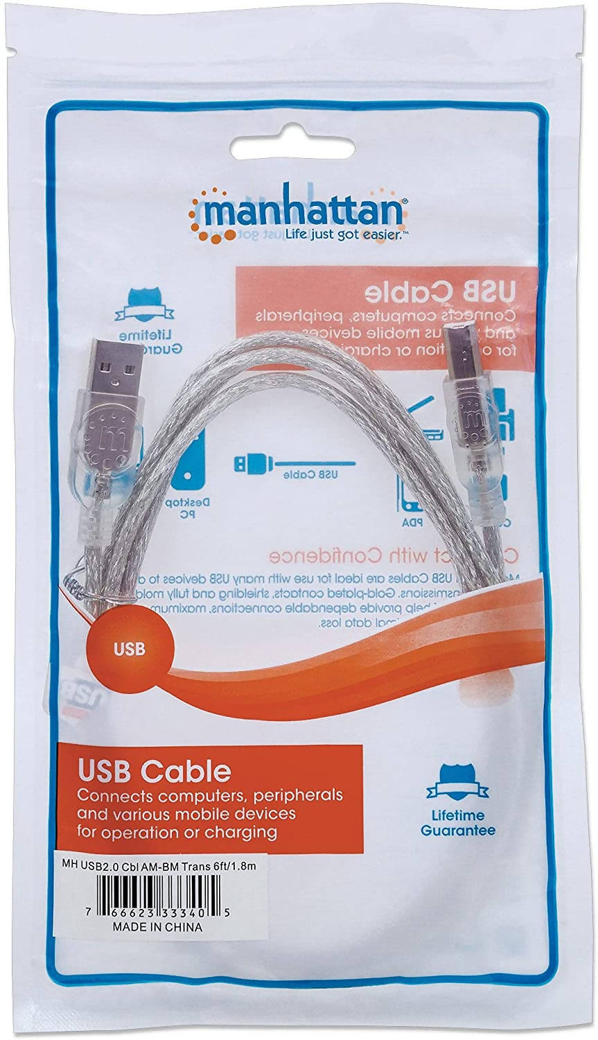 Manhattan A Male/B Male, 1.8m 6 Feet Translucent Silver Hi-Speed USB Device Cable