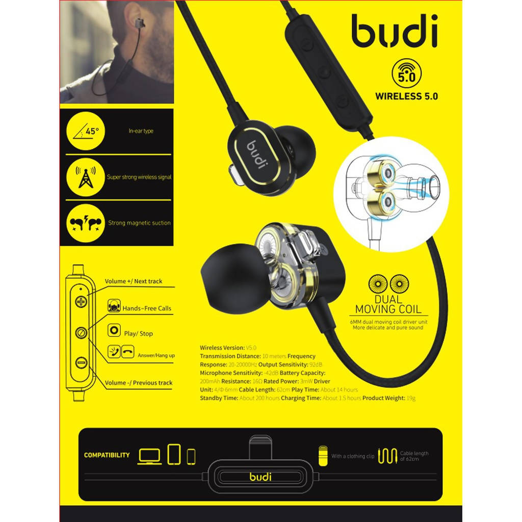 Budi Stereo Wireless Dual Moving Coil In Ear Headphones Black