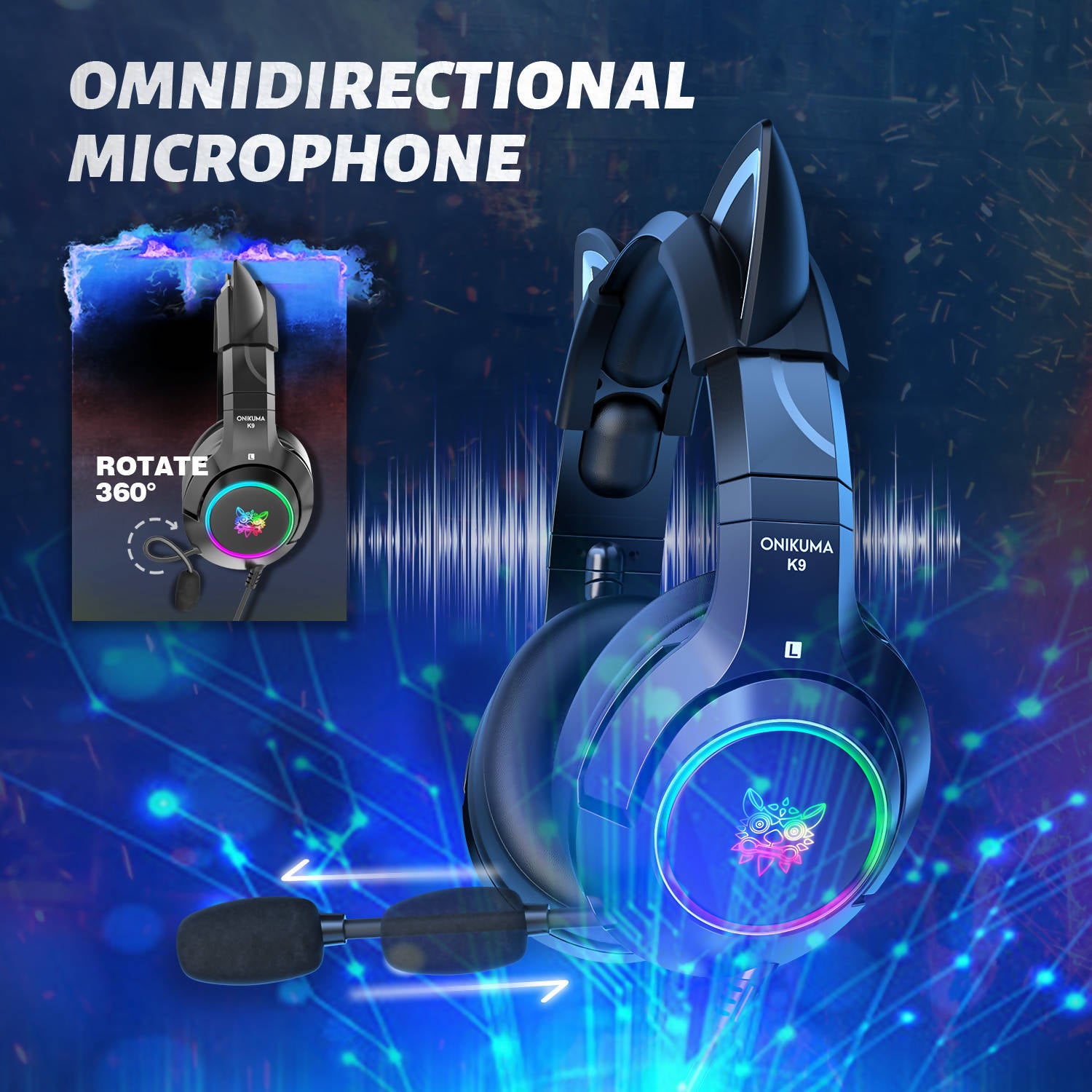 Onikuma K9 Black Wired RGB Gaming Cat Headset 50mm Black