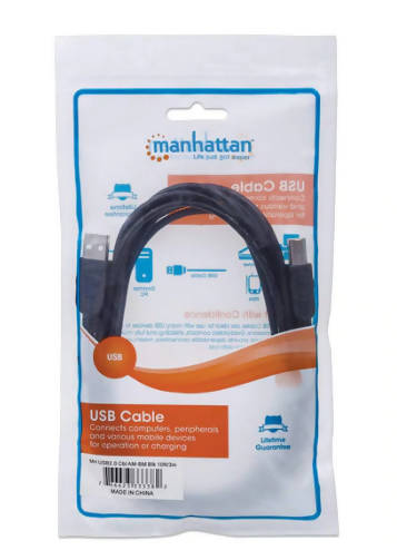 Manhattan Hi-Speed USB B Device Cable USB 2.0 Type-A Male to Type-B Male 480 Mbps 3m 10ft Black